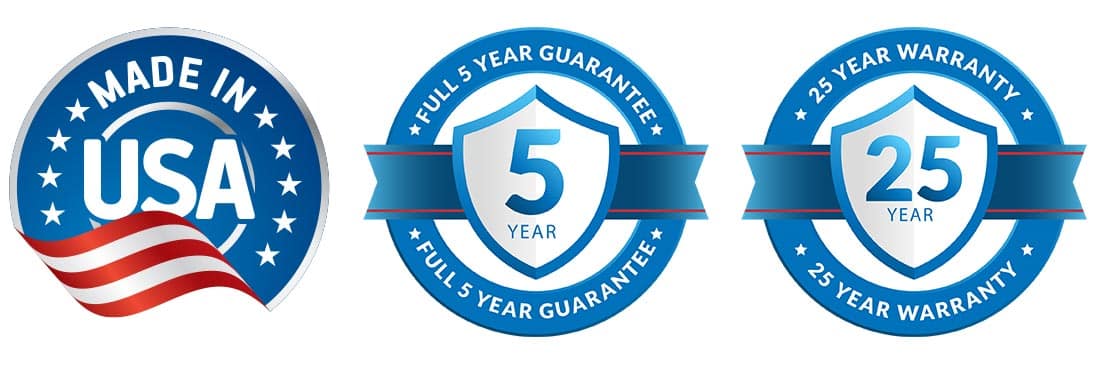 made in usa 5 year guarantee 25 year warranty badges